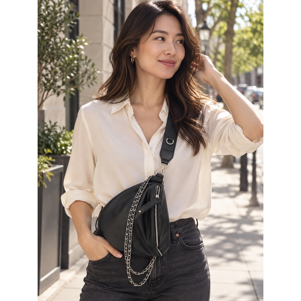 Like Dreams Black Vegan Leather Belt Bag Chain Detail Waist Pack Silver Hardware